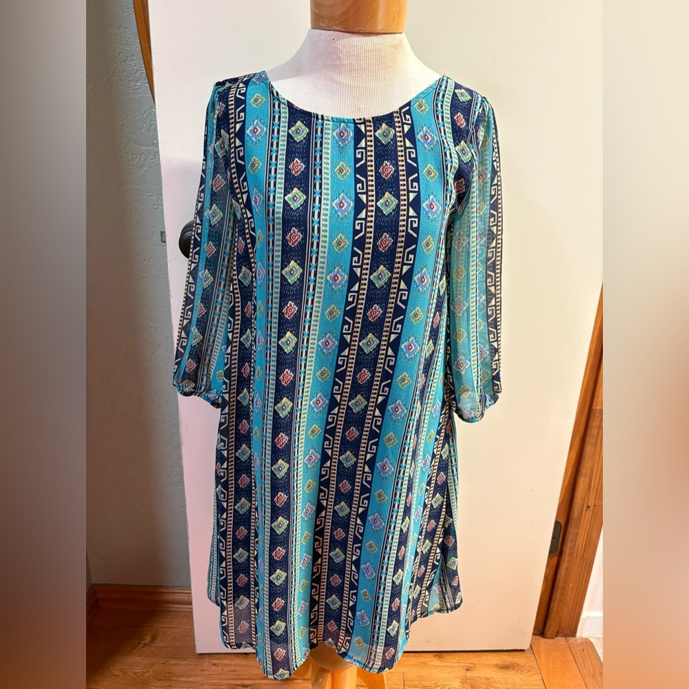 Ya Los Angeles Teal and Navy Geometric Dress